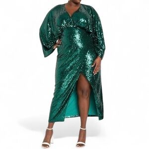 NWT Eloquii Emerald Green Full Length Sequin Evening Glam Dress Women's Plus 26